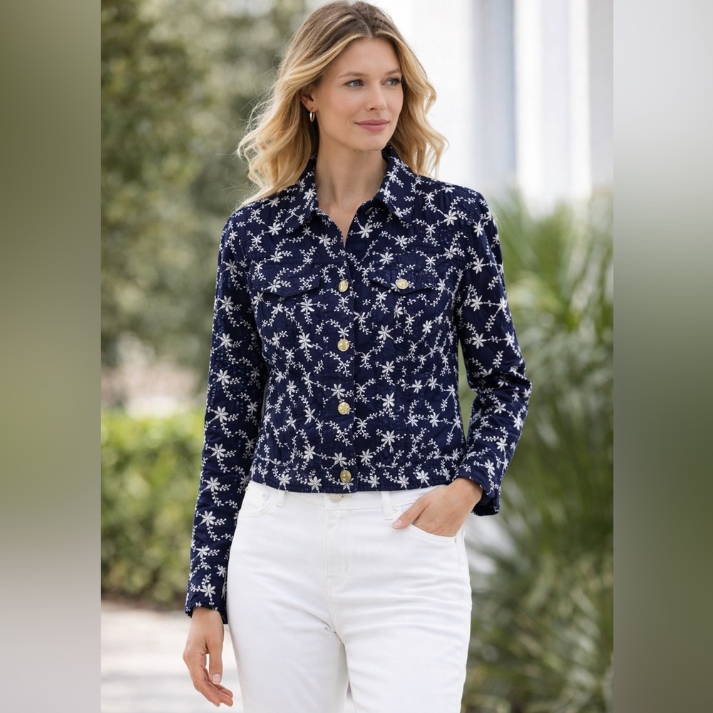 Jones NY Jacket Embroidered Floral Navy Blue Gold Accents